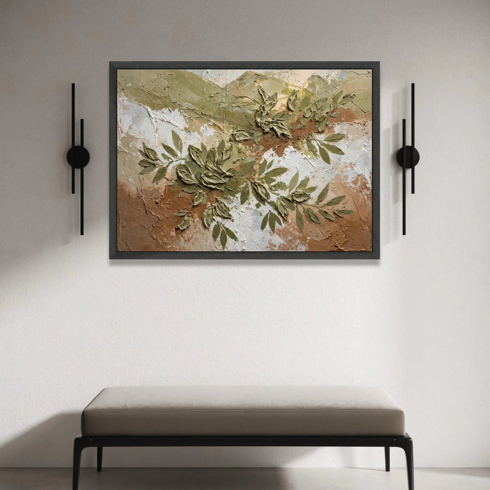 Earth Tone Floral Canvas Wall Art, Abstract Green Leaves Design, Rustic Nature Home Decoration, Botanical Accent Canvas Canvas Print Art