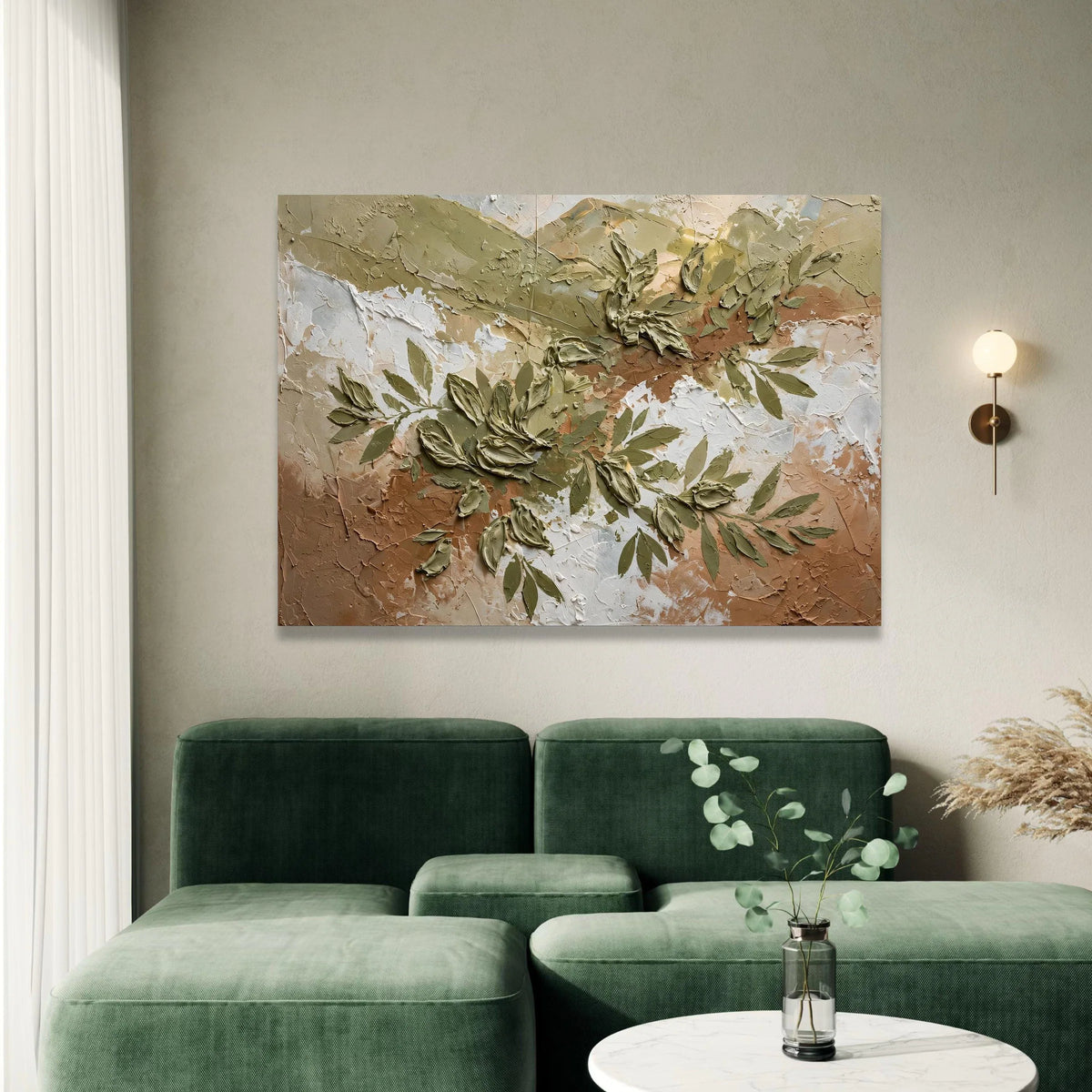 Earth Tone Floral Canvas Wall Art, Abstract Green Leaves Design, Rustic Nature Home Decoration, Botanical Accent Canvas Canvas Print Art