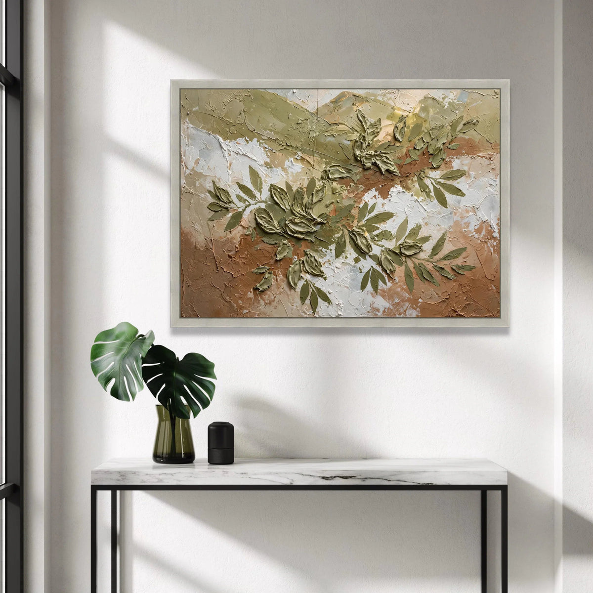 Earth Tone Floral Canvas Wall Art, Abstract Green Leaves Design, Rustic Nature Home Decoration, Botanical Accent Canvas Canvas Print Art