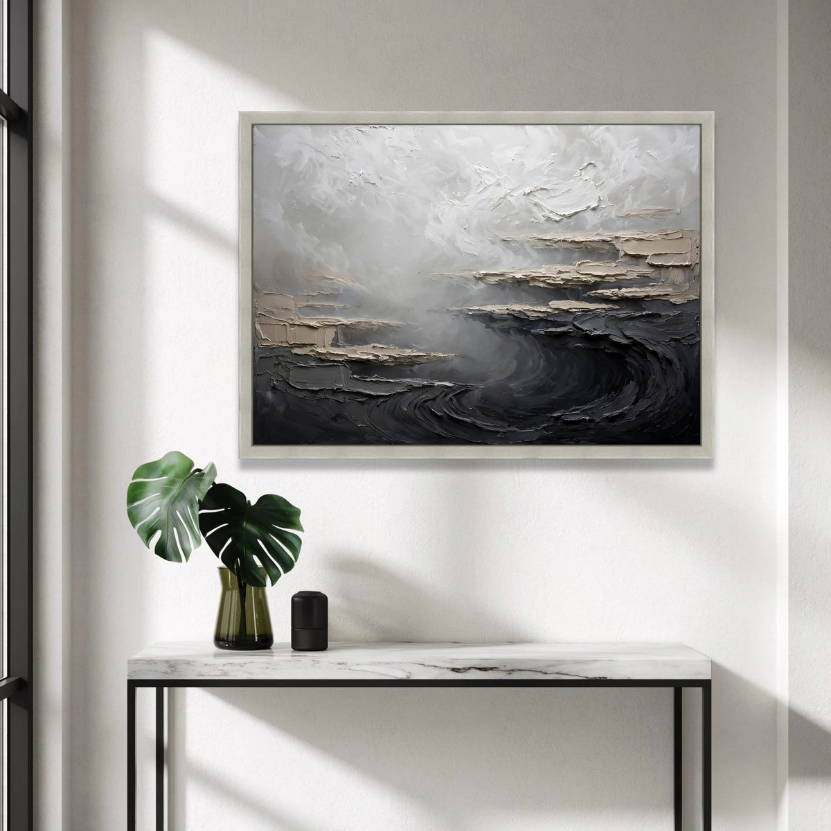 Monochrome Abstract Landscape Canvas, Modern Minimalist Wall Art, Neutral Tones Decor, Soft Gray and Black Canvas, Canvas Print Art