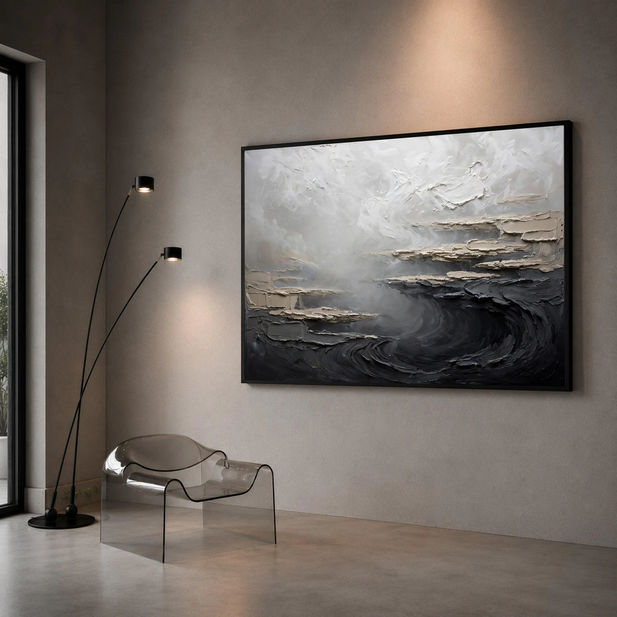 Monochrome Abstract Landscape Canvas, Modern Minimalist Wall Art, Neutral Tones Decor, Soft Gray and Black Canvas, Canvas Print Art