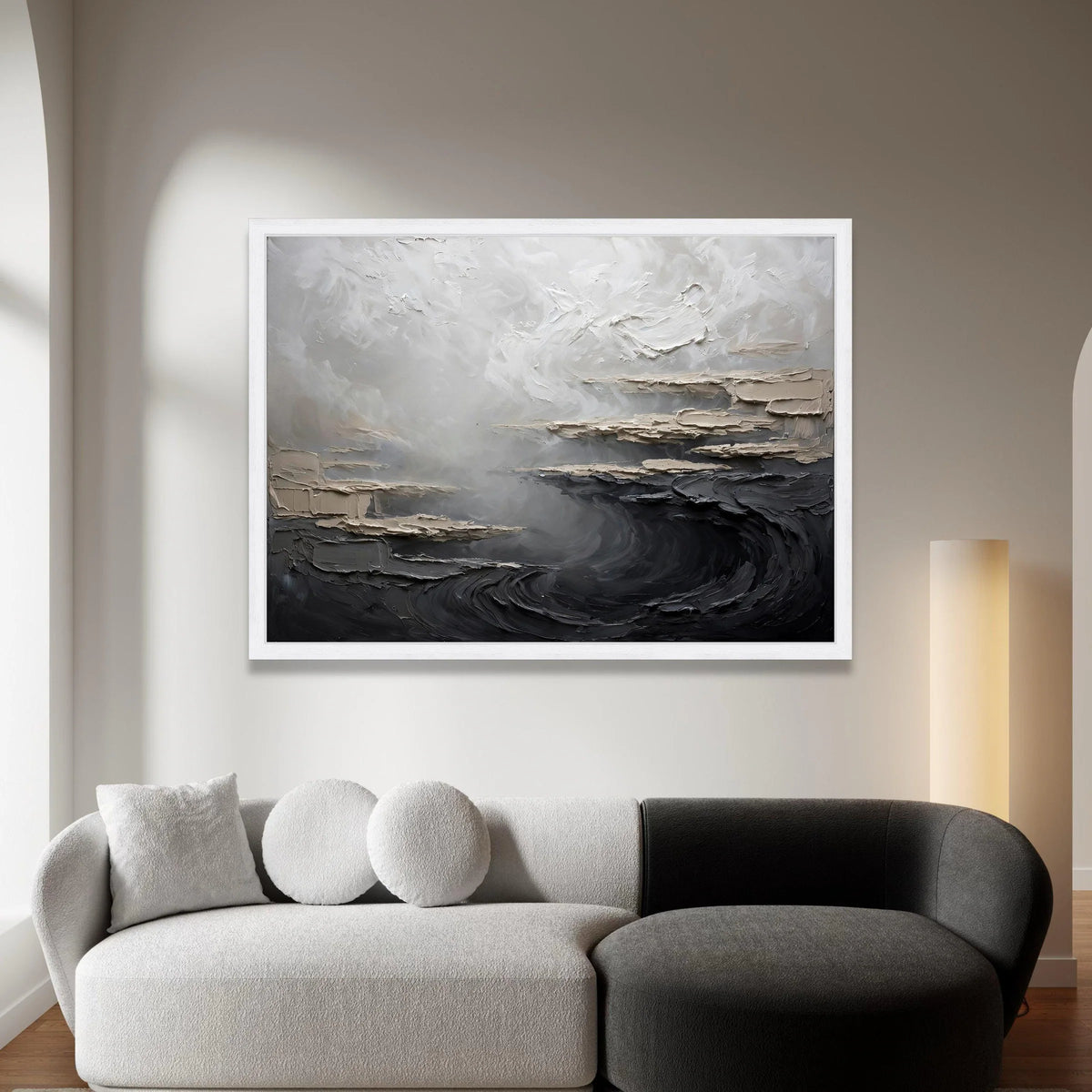 Monochrome Abstract Landscape Canvas, Modern Minimalist Wall Art, Neutral Tones Decor, Soft Gray and Black Canvas, Canvas Print Art