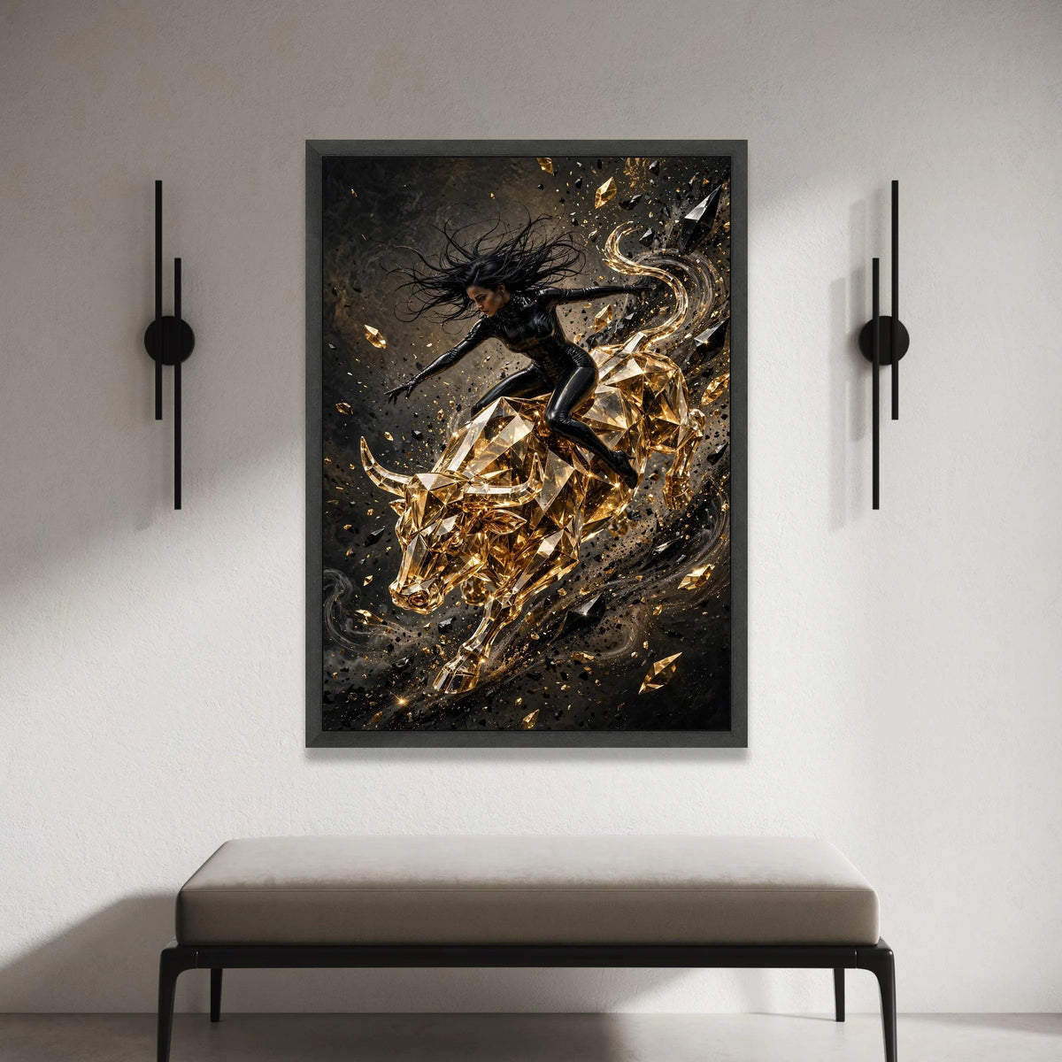 Dynamic Woman Rider on Golden Crystal Bull Canvas, Modern Abstract Wall Art, Powerful Energy Home Decoration, Bold Canvas Print Art
