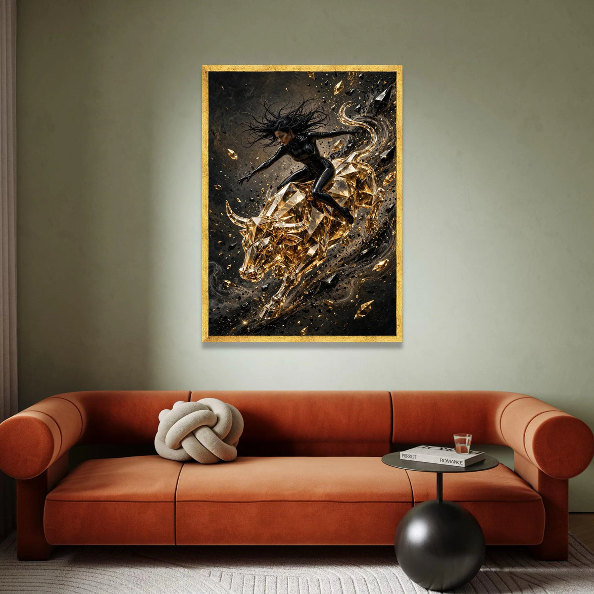 Dynamic Woman Rider on Golden Crystal Bull Canvas, Modern Abstract Wall Art, Powerful Energy Home Decoration, Bold Canvas Print Art