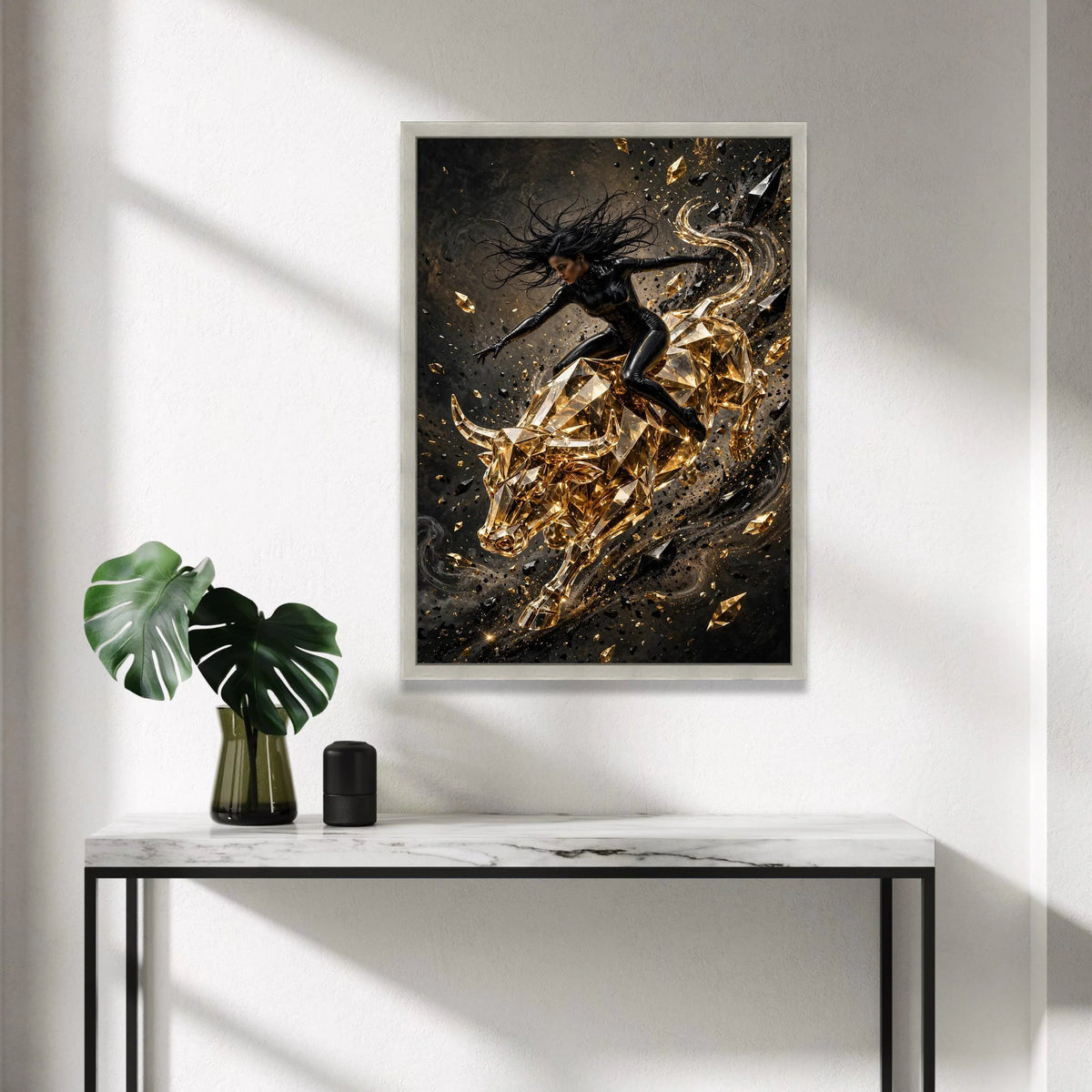 Dynamic Woman Rider on Golden Crystal Bull Canvas, Modern Abstract Wall Art, Powerful Energy Home Decoration, Bold Canvas Print Art