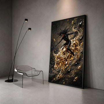 Dynamic Woman Rider on Golden Crystal Bull Canvas, Modern Abstract Wall Art, Powerful Energy Home Decoration, Bold Canvas Print Art