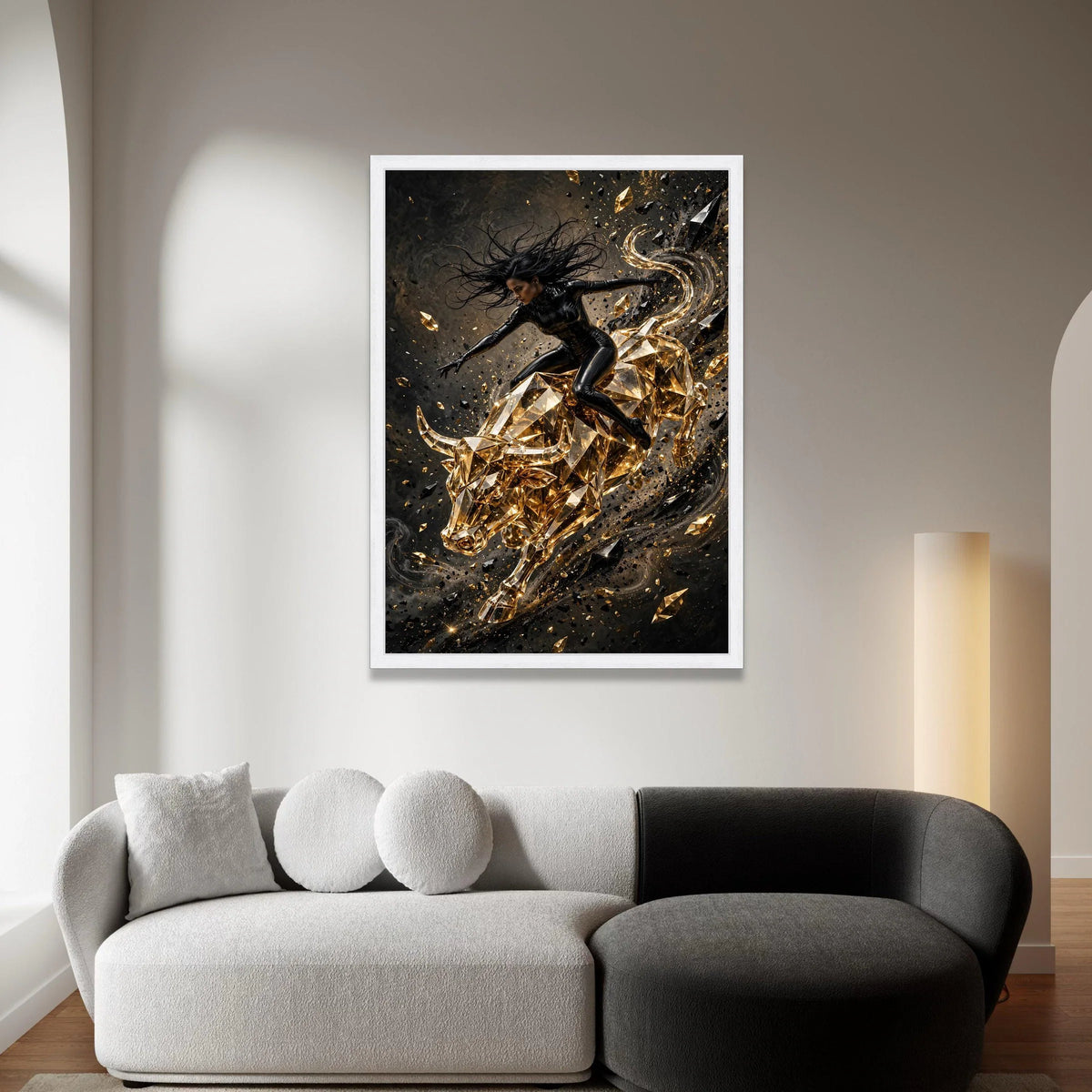 Dynamic Woman Rider on Golden Crystal Bull Canvas, Modern Abstract Wall Art, Powerful Energy Home Decoration, Bold Canvas Print Art
