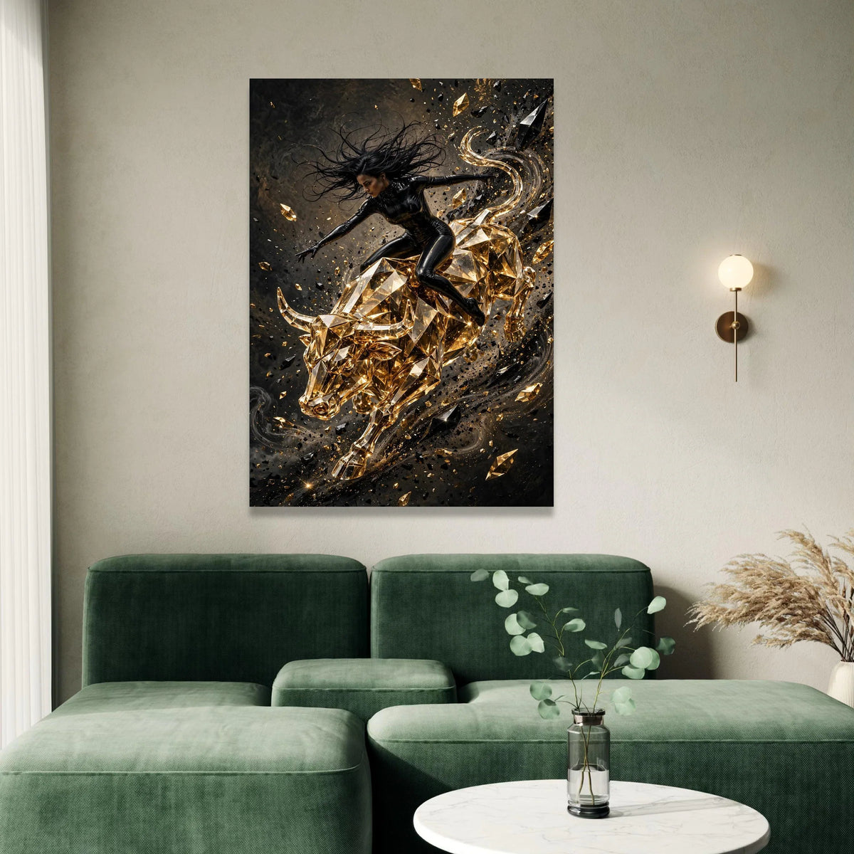 Dynamic Woman Rider on Golden Crystal Bull Canvas, Modern Abstract Wall Art, Powerful Energy Home Decoration, Bold Canvas Print Art