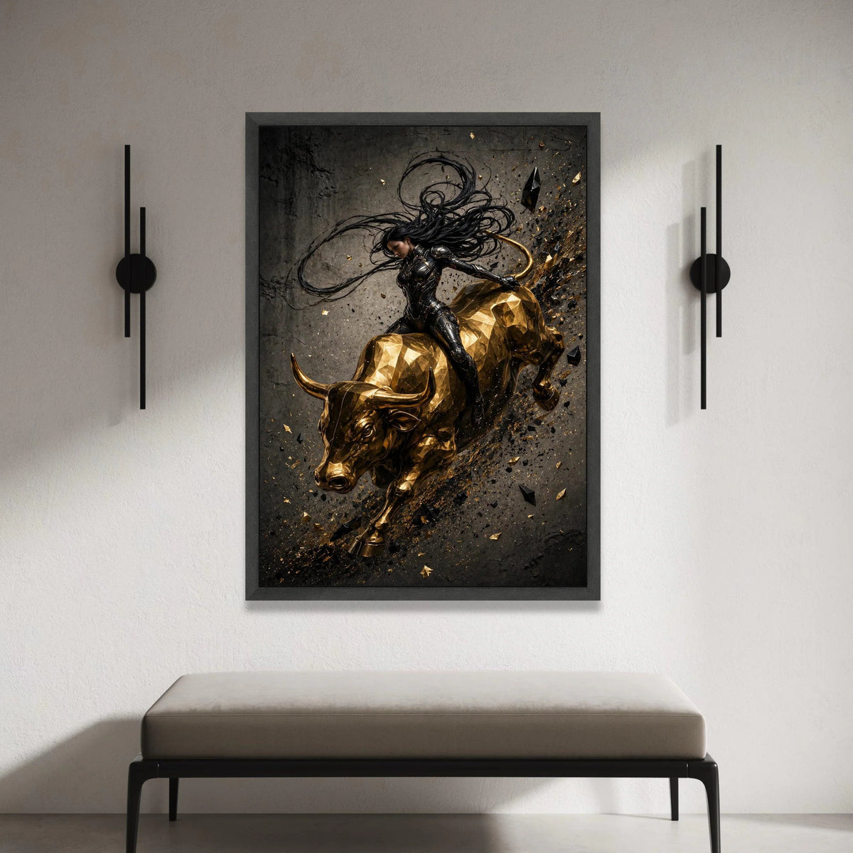 Futuristic Warrior Woman on Golden Bull Canvas, Dynamic Action Wall Art, Modern Fantasy Canvas Decoration Canvas Print Art