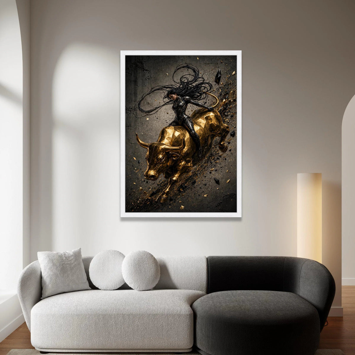 Futuristic Warrior Woman on Golden Bull Canvas, Dynamic Action Wall Art, Modern Fantasy Canvas Decoration Canvas Print Art