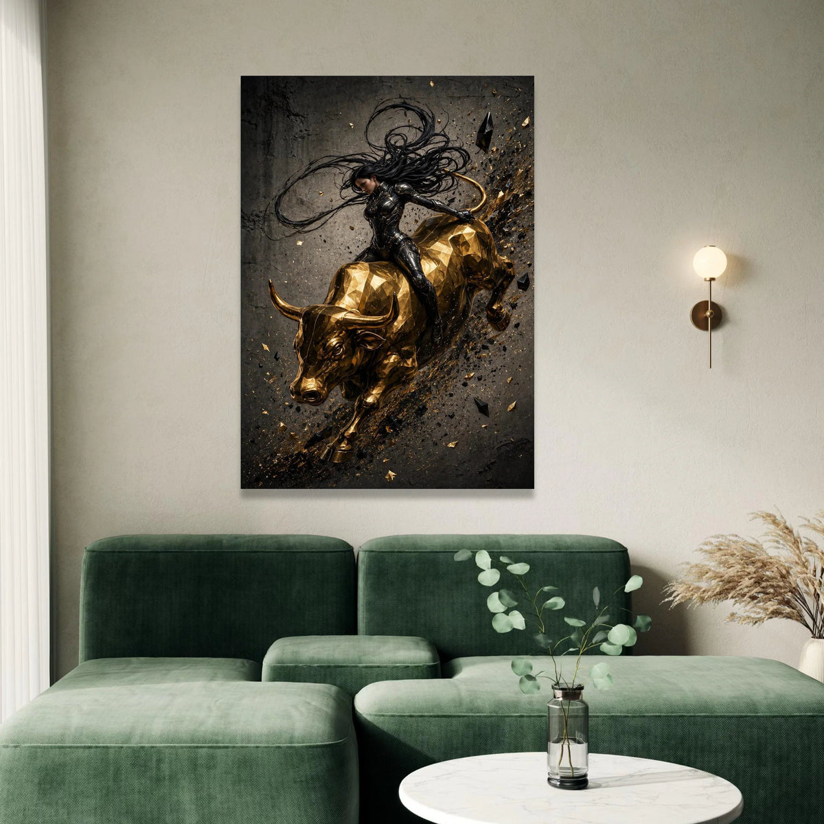 Futuristic Warrior Woman on Golden Bull Canvas, Dynamic Action Wall Art, Modern Fantasy Canvas Decoration Canvas Print Art
