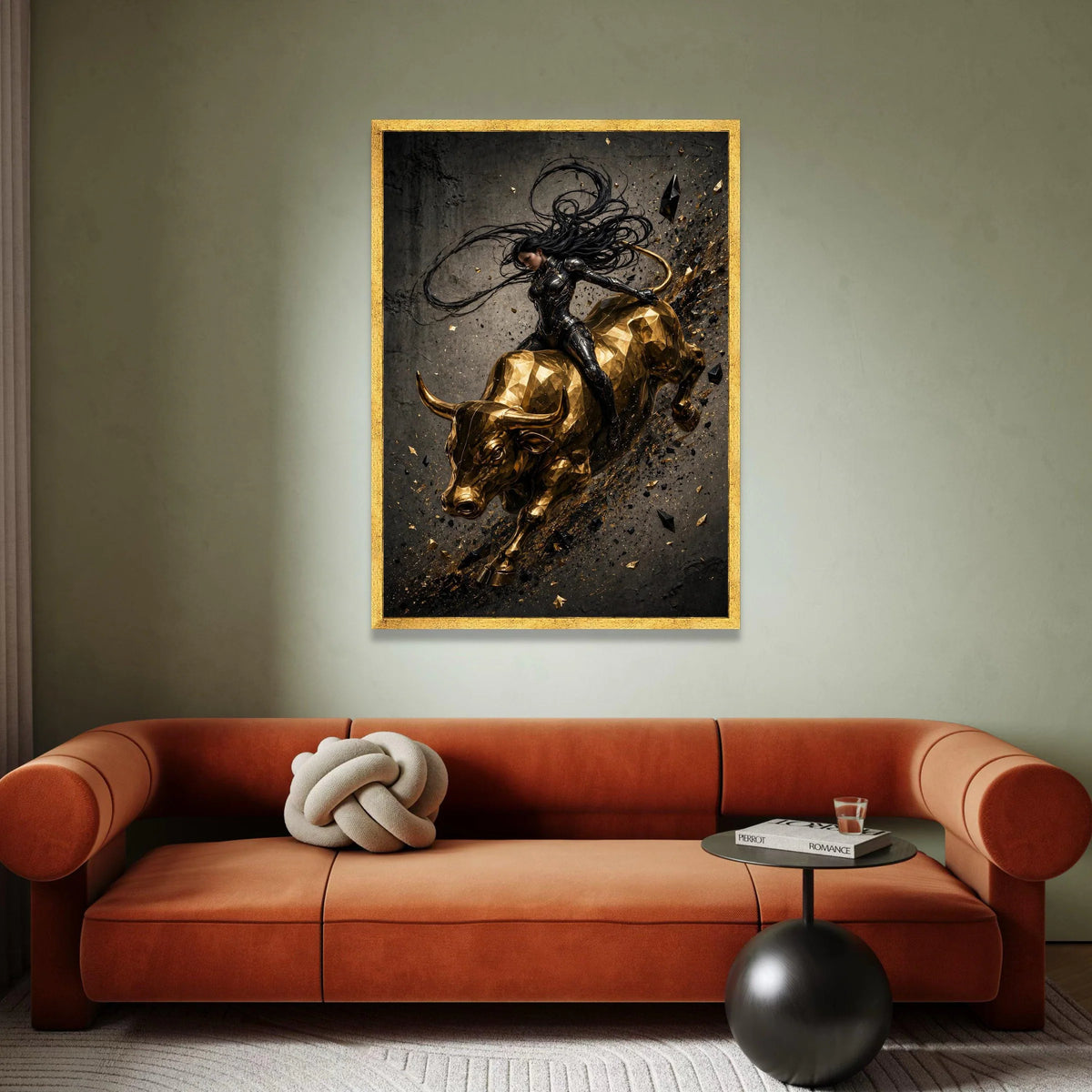 Futuristic Warrior Woman on Golden Bull Canvas, Dynamic Action Wall Art, Modern Fantasy Canvas Decoration Canvas Print Art