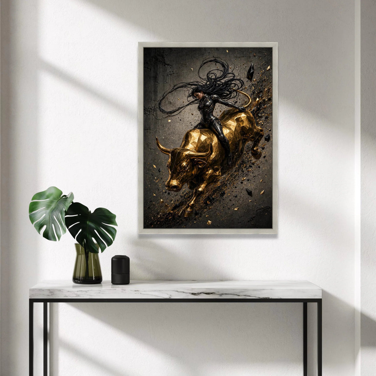 Futuristic Warrior Woman on Golden Bull Canvas, Dynamic Action Wall Art, Modern Fantasy Canvas Decoration Canvas Print Art