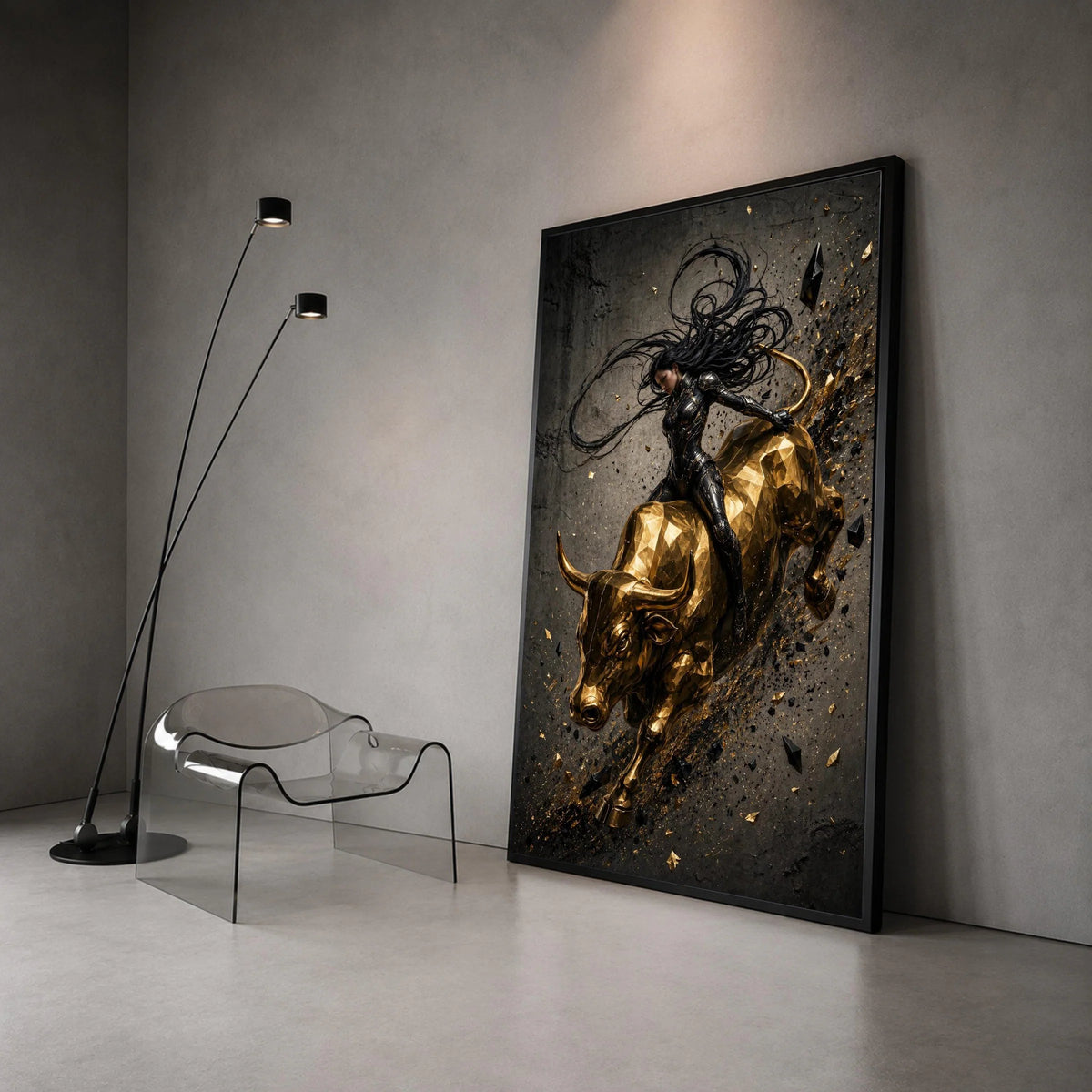 Futuristic Warrior Woman on Golden Bull Canvas, Dynamic Action Wall Art, Modern Fantasy Canvas Decoration Canvas Print Art