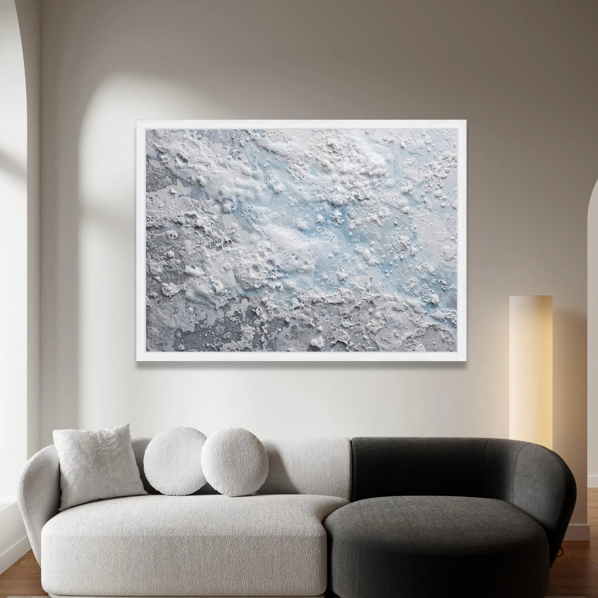 Frosted Snowflake Abstract Canvas, Winter White and Blue Wall Art, Icy Design, Seasonal Home Decoration, Ready to Hang Canvas Print Art