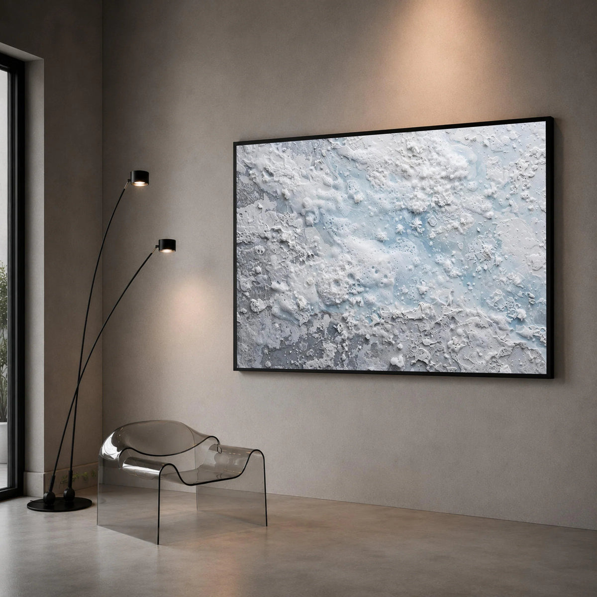 Frosted Snowflake Abstract Canvas, Winter White and Blue Wall Art, Icy Design, Seasonal Home Decoration, Ready to Hang Canvas Print Art
