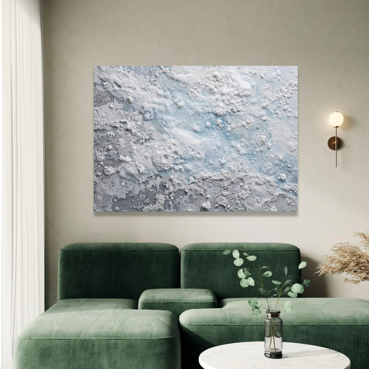 Frosted Snowflake Abstract Canvas, Winter White and Blue Wall Art, Icy Design, Seasonal Home Decoration, Ready to Hang Canvas Print Art