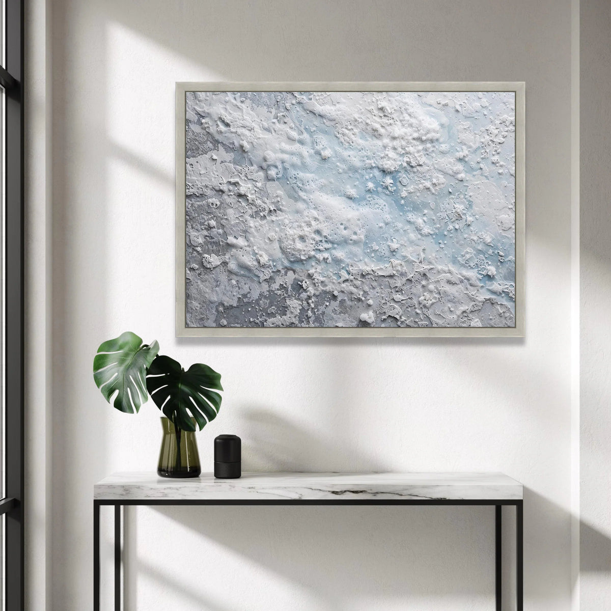 Frosted Snowflake Abstract Canvas, Winter White and Blue Wall Art, Icy Design, Seasonal Home Decoration, Ready to Hang Canvas Print Art
