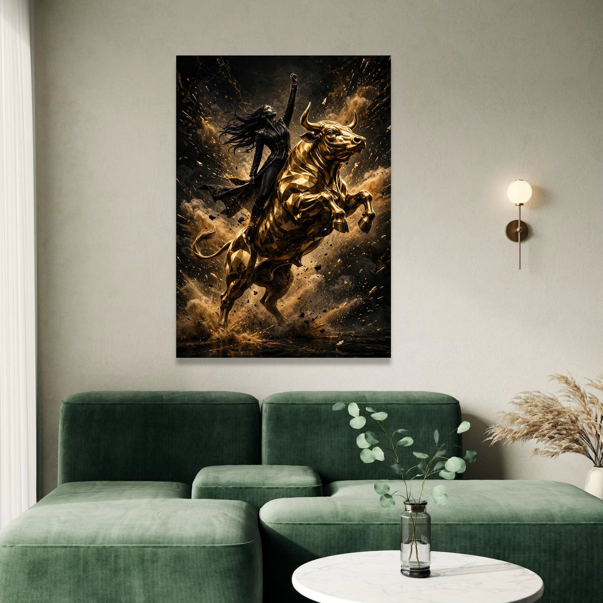 Empowered Woman Riding Golden Bull Canvas, Dynamic Wall Art, Fierce Character Design, Motivational Home Decor, Ready to Canvas Print Art