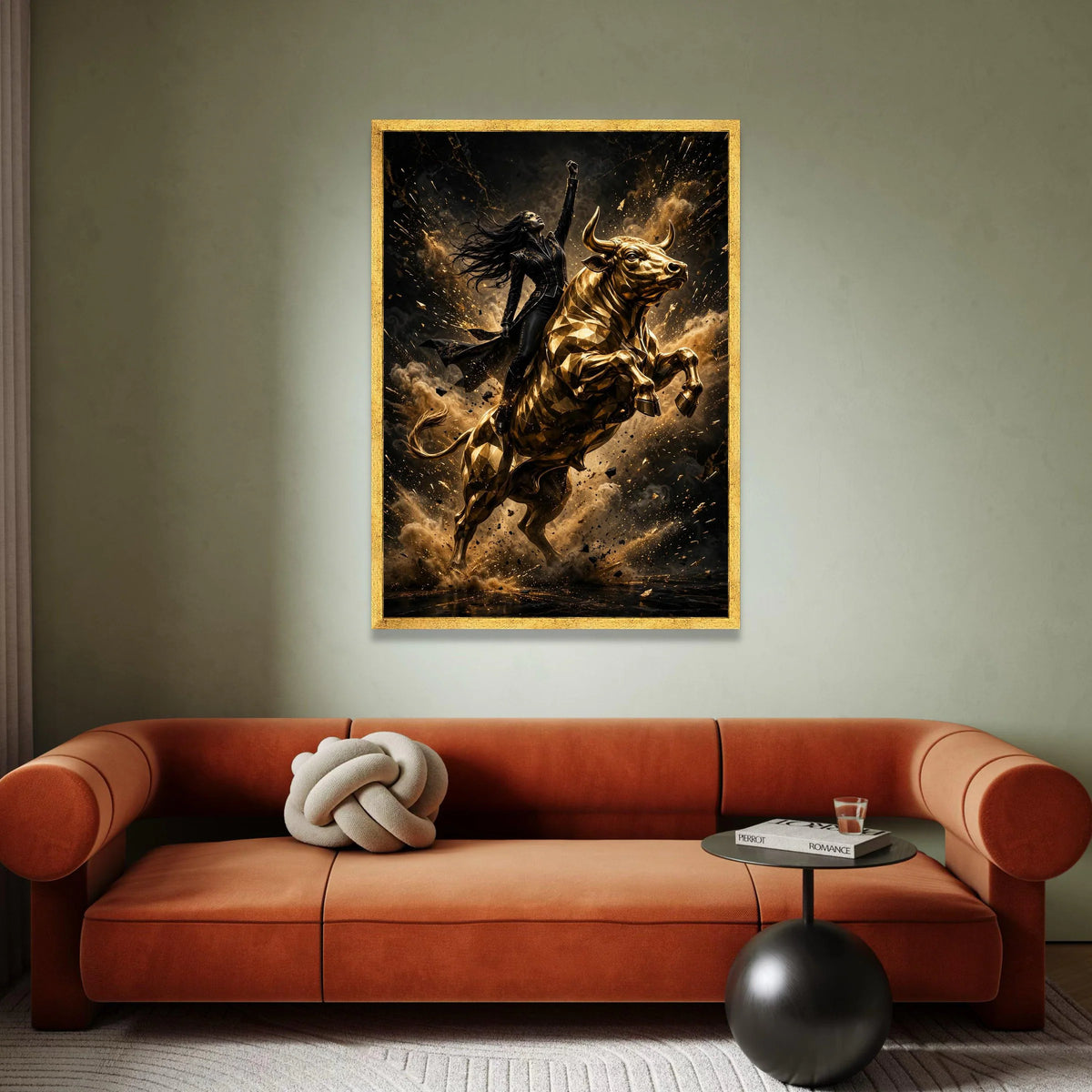 Empowered Woman Riding Golden Bull Canvas, Dynamic Wall Art, Fierce Character Design, Motivational Home Decor, Ready to Canvas Print Art