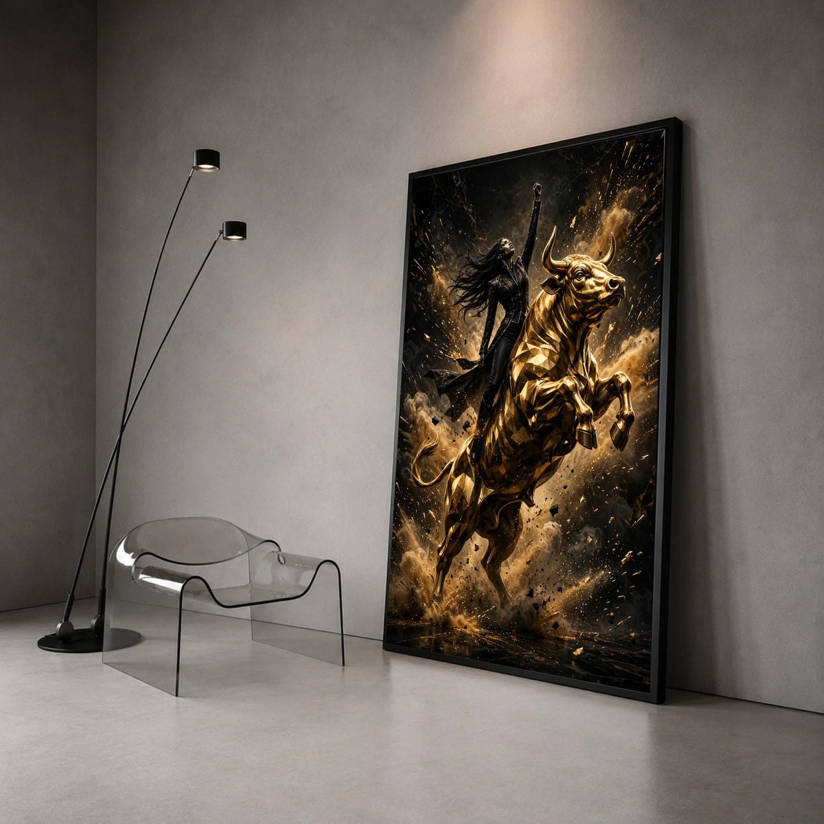 Empowered Woman Riding Golden Bull Canvas, Dynamic Wall Art, Fierce Character Design, Motivational Home Decor, Ready to Canvas Print Art