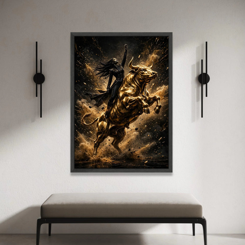 Empowered Woman Riding Golden Bull Canvas, Dynamic Wall Art, Fierce Character Design, Motivational Home Decor, Ready to Canvas Print Art
