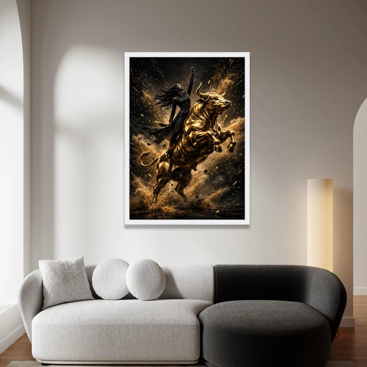 Empowered Woman Riding Golden Bull Canvas, Dynamic Wall Art, Fierce Character Design, Motivational Home Decor, Ready to Canvas Print Art