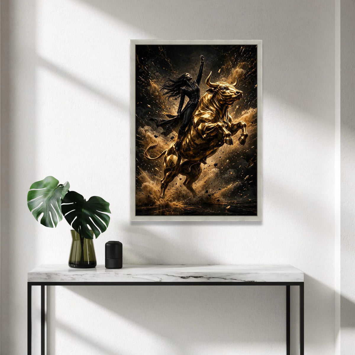 Empowered Woman Riding Golden Bull Canvas, Dynamic Wall Art, Fierce Character Design, Motivational Home Decor, Ready to Canvas Print Art