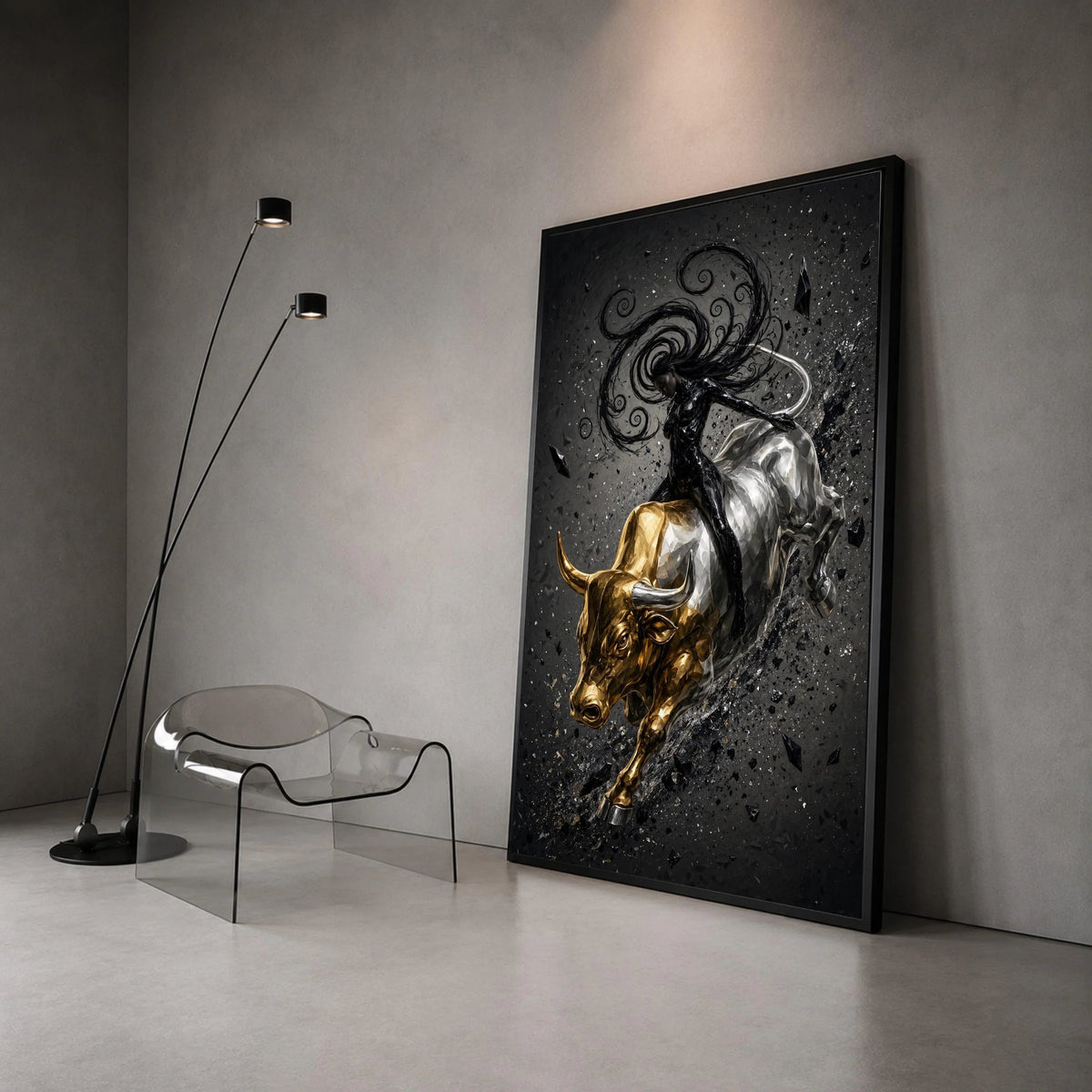 Dynamic Woman Riding Golden Bull Canvas, Abstract Energy Wall Art, Black and Gold Modern Canvas, Statement Home Decoration Canvas Print Art