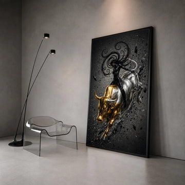 Dynamic Woman Riding Golden Bull Canvas, Abstract Energy Wall Art, Black and Gold Modern Canvas, Statement Home Decoration Canvas Print Art