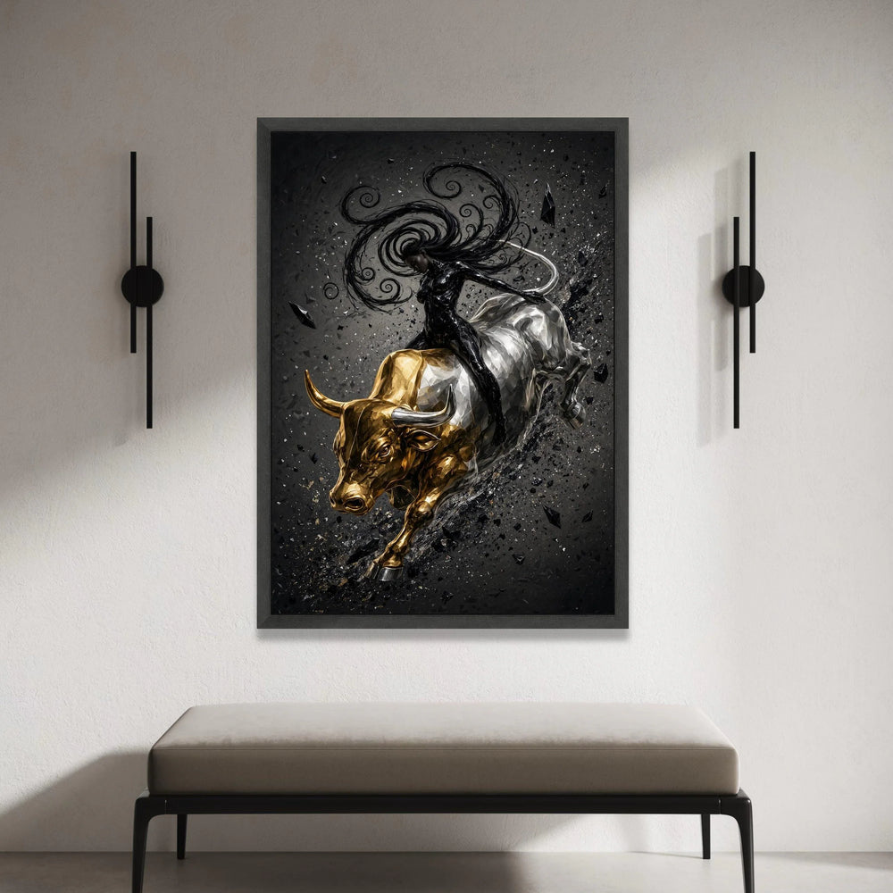 Dynamic Woman Riding Golden Bull Canvas, Abstract Energy Wall Art, Black and Gold Modern Canvas, Statement Home Decoration Canvas Print Art
