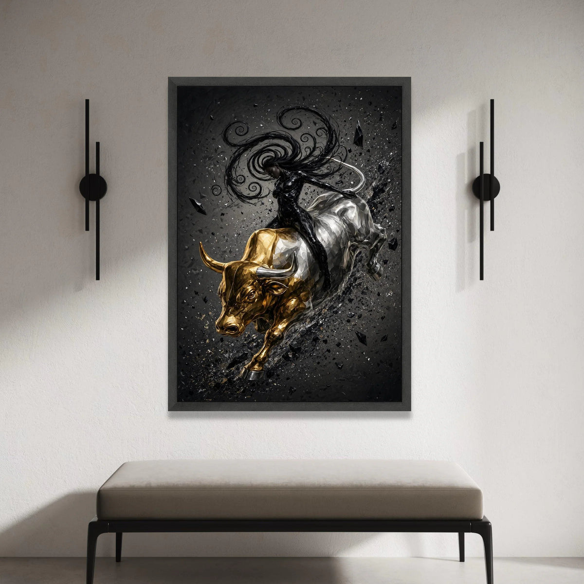 Dynamic Woman Riding Golden Bull Canvas, Abstract Energy Wall Art, Black and Gold Modern Canvas, Statement Home Decoration Canvas Print Art