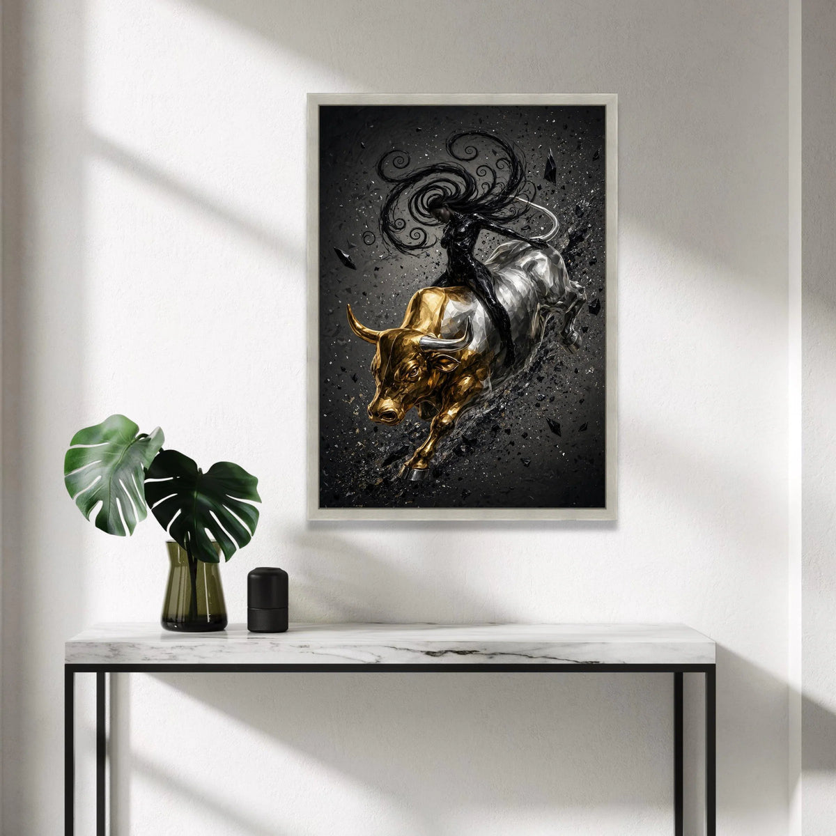 Dynamic Woman Riding Golden Bull Canvas, Abstract Energy Wall Art, Black and Gold Modern Canvas, Statement Home Decoration Canvas Print Art