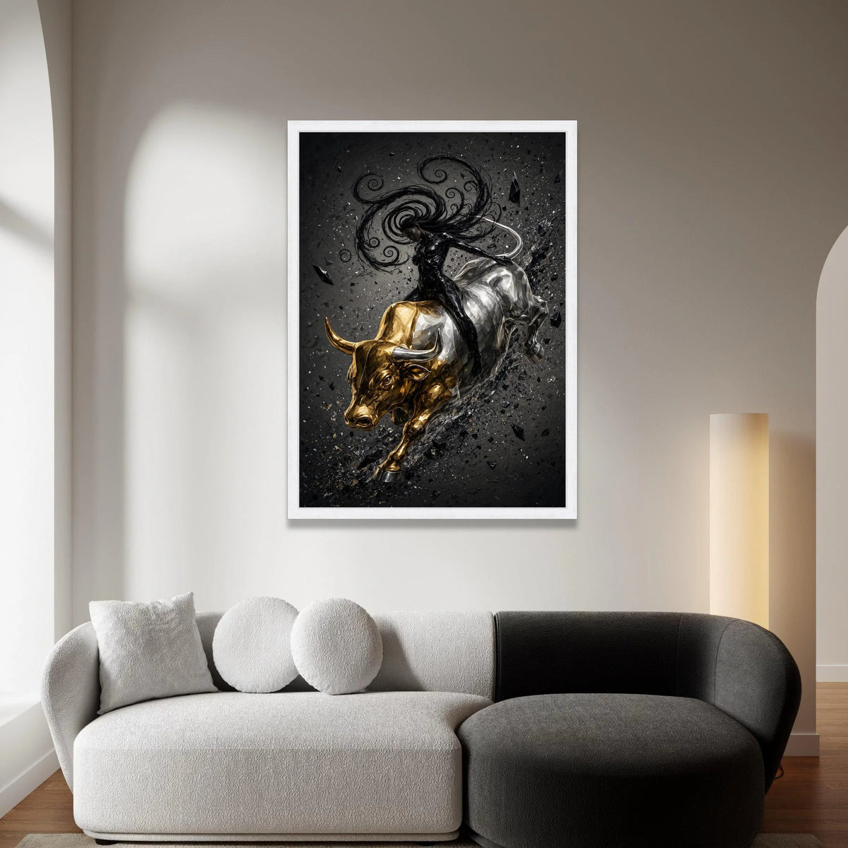 Dynamic Woman Riding Golden Bull Canvas, Abstract Energy Wall Art, Black and Gold Modern Canvas, Statement Home Decoration Canvas Print Art