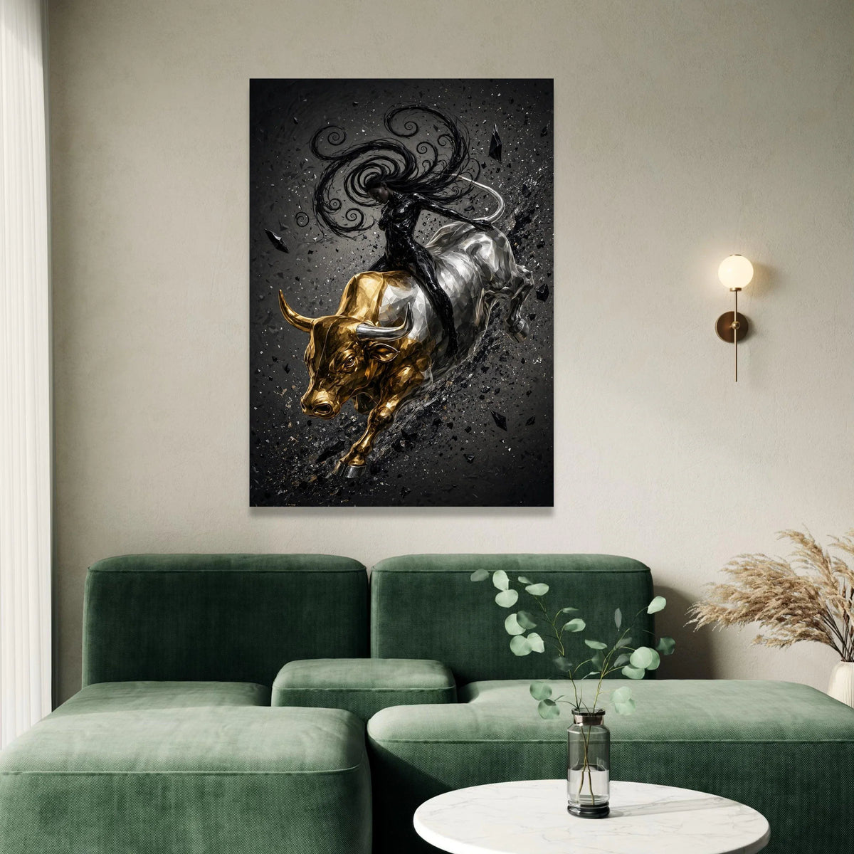 Dynamic Woman Riding Golden Bull Canvas, Abstract Energy Wall Art, Black and Gold Modern Canvas, Statement Home Decoration Canvas Print Art