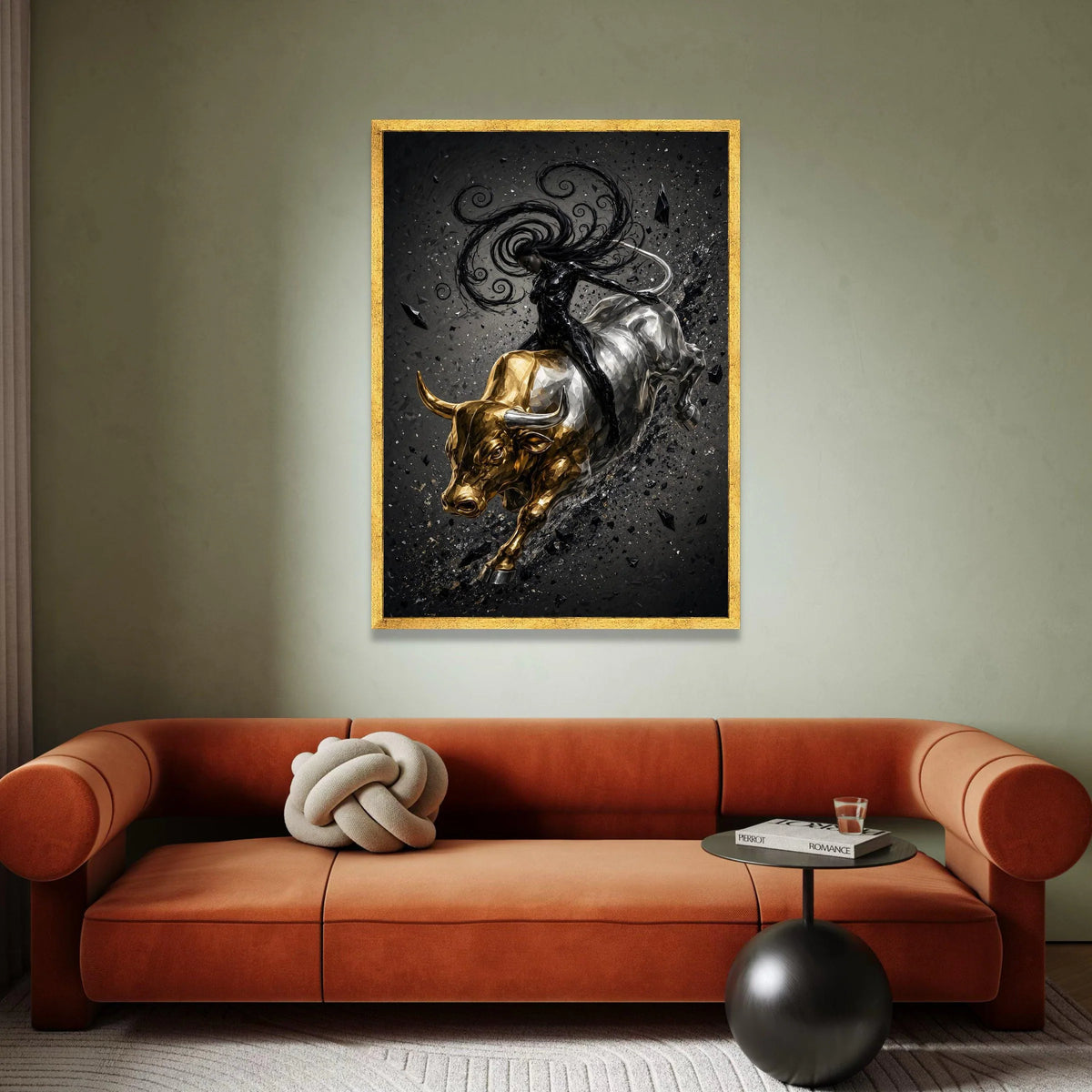 Dynamic Woman Riding Golden Bull Canvas, Abstract Energy Wall Art, Black and Gold Modern Canvas, Statement Home Decoration Canvas Print Art