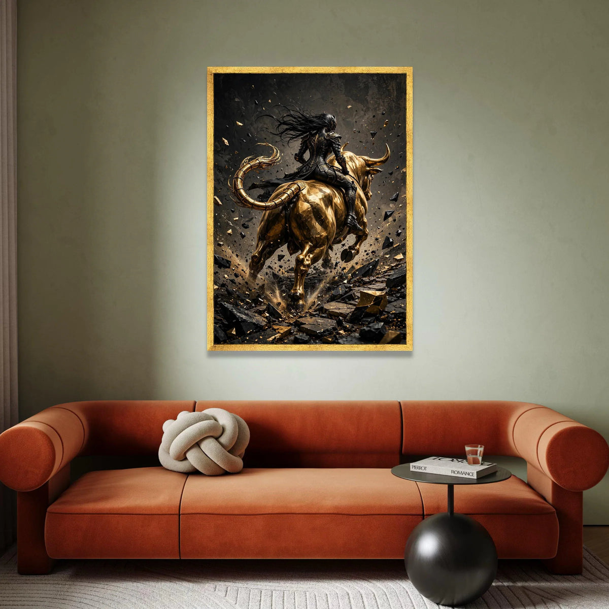 Dark Warrior on Golden Bull Canvas, Fantasy Armor Wall Art, Mythical Creature Canvas, Powerful Horseman Wall Decoration, Canvas Print Art