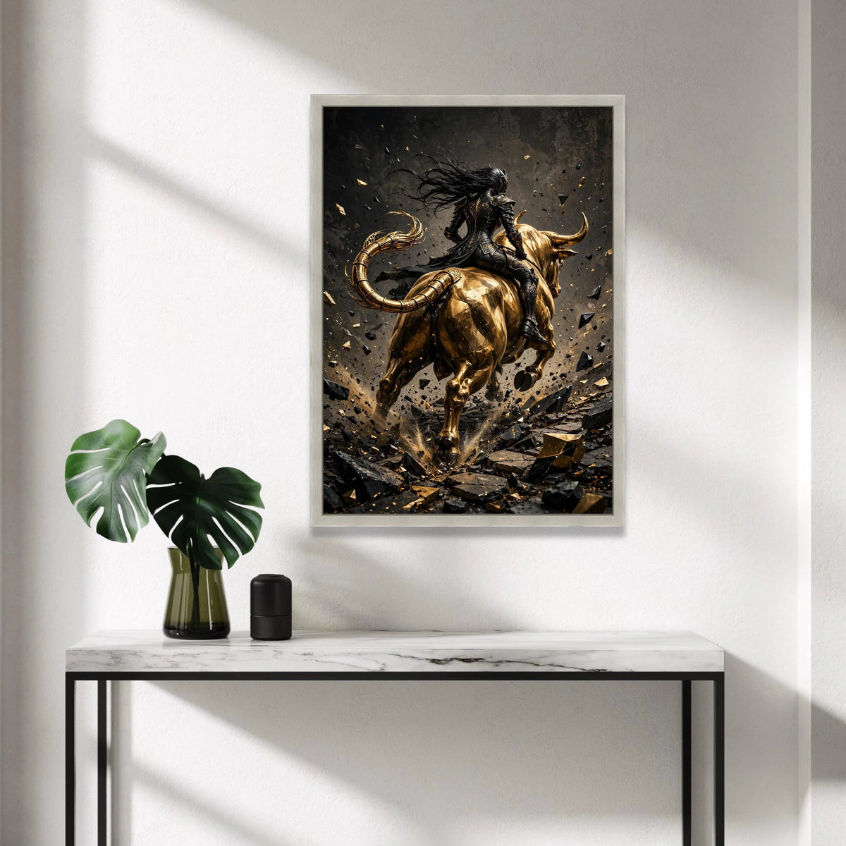 Dark Warrior on Golden Bull Canvas, Fantasy Armor Wall Art, Mythical Creature Canvas, Powerful Horseman Wall Decoration, Canvas Print Art