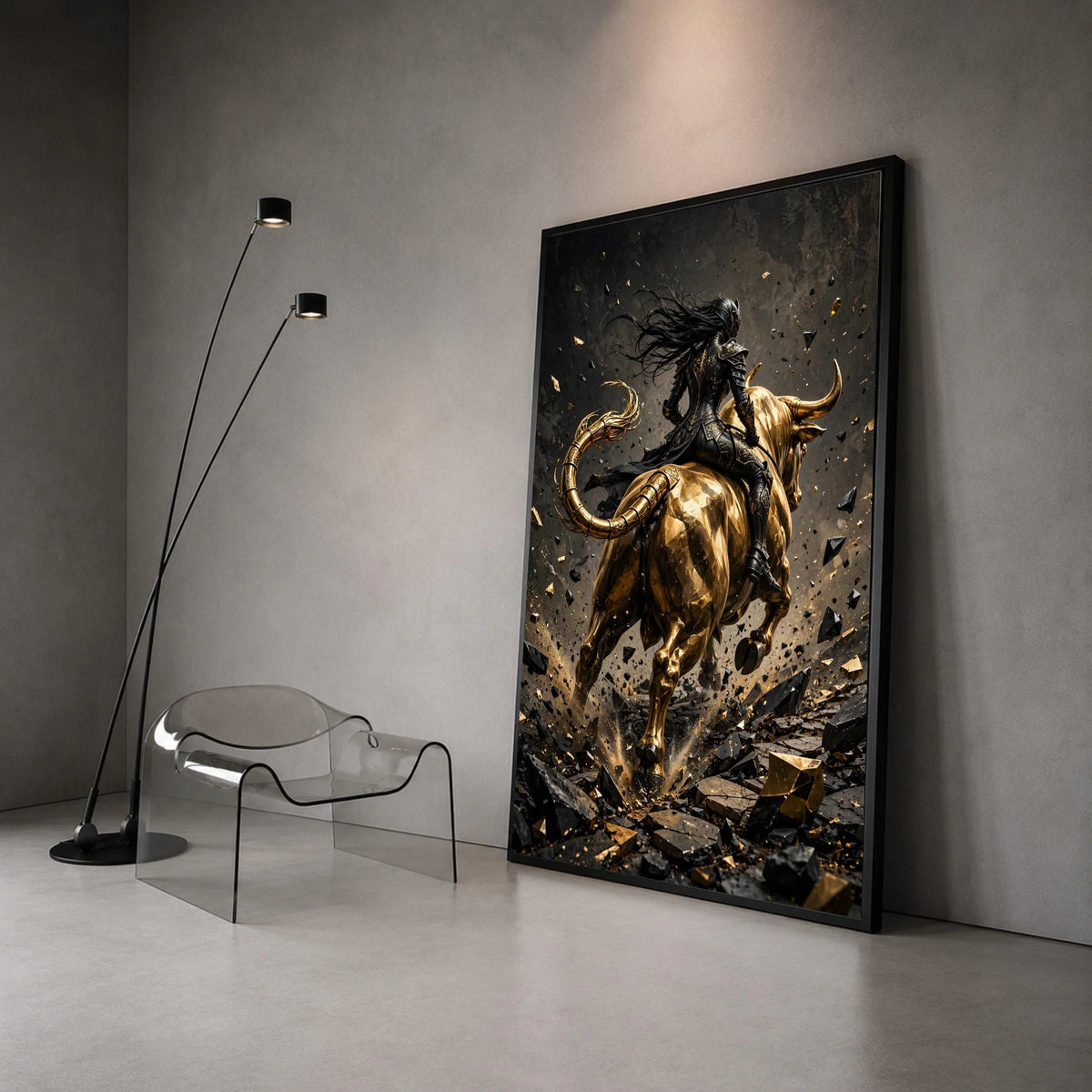 Dark Warrior on Golden Bull Canvas, Fantasy Armor Wall Art, Mythical Creature Canvas, Powerful Horseman Wall Decoration, Canvas Print Art