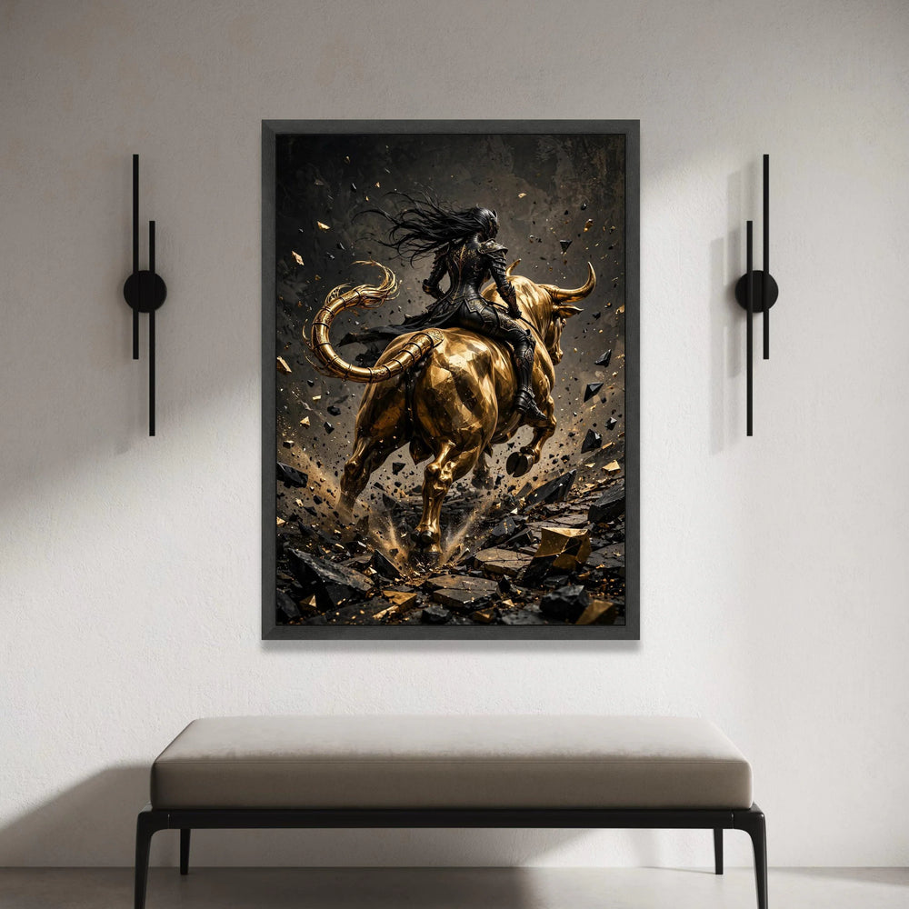 Dark Warrior on Golden Bull Canvas, Fantasy Armor Wall Art, Mythical Creature Canvas, Powerful Horseman Wall Decoration, Canvas Print Art