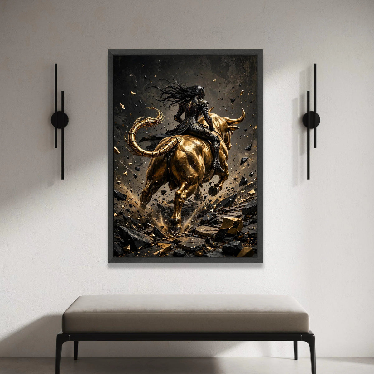 Dark Warrior on Golden Bull Canvas, Fantasy Armor Wall Art, Mythical Creature Canvas, Powerful Horseman Wall Decoration, Canvas Print Art