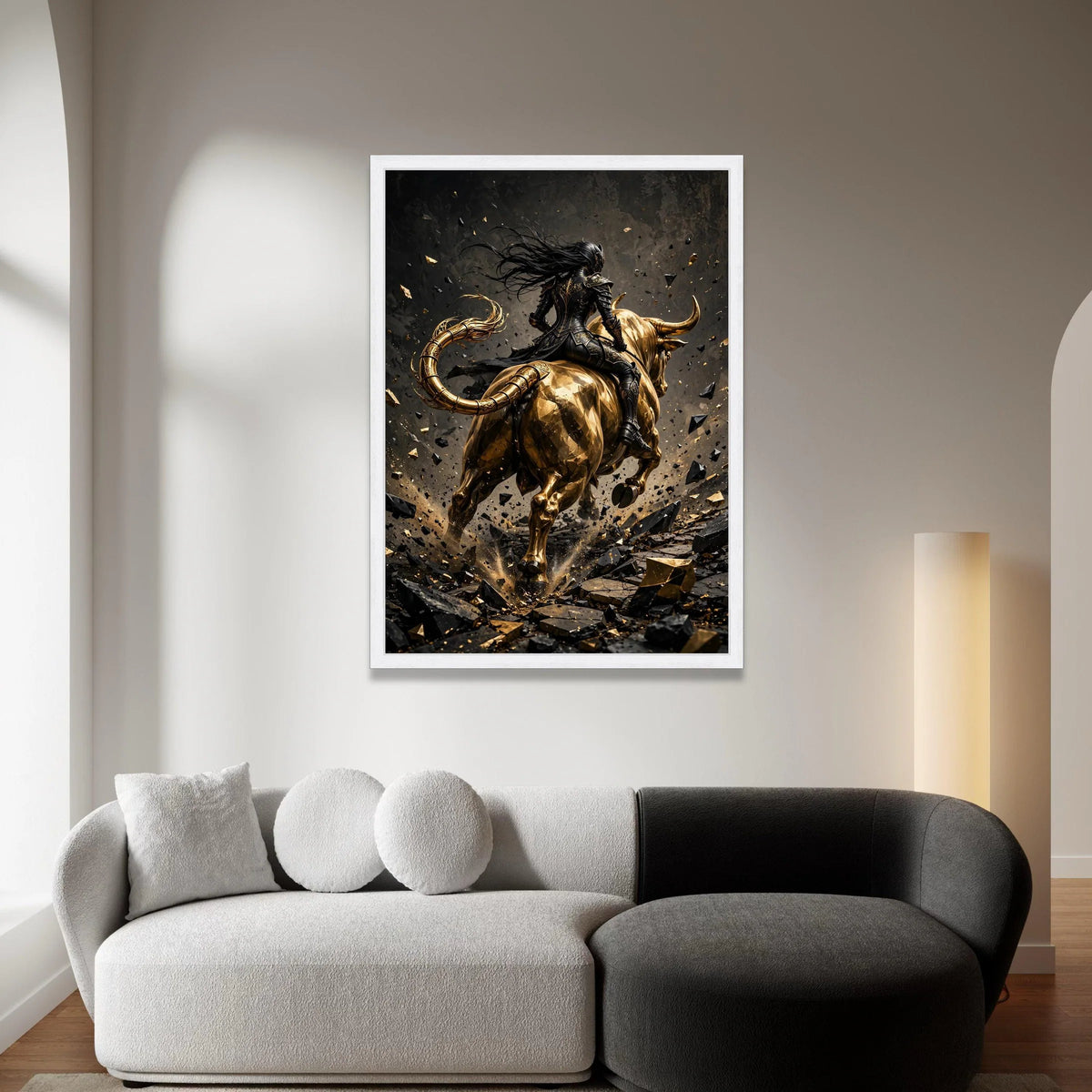 Dark Warrior on Golden Bull Canvas, Fantasy Armor Wall Art, Mythical Creature Canvas, Powerful Horseman Wall Decoration, Canvas Print Art