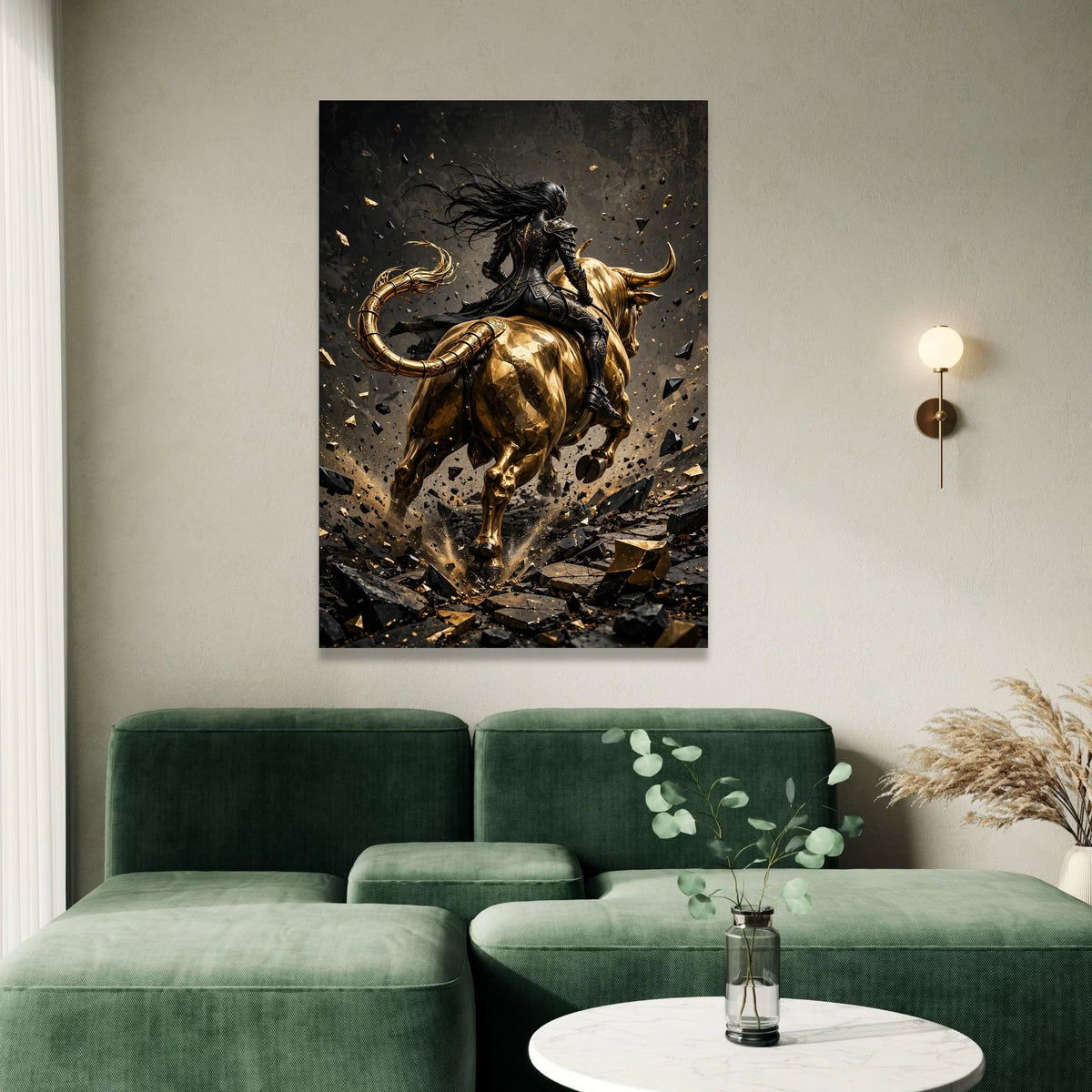 Dark Warrior on Golden Bull Canvas, Fantasy Armor Wall Art, Mythical Creature Canvas, Powerful Horseman Wall Decoration, Canvas Print Art