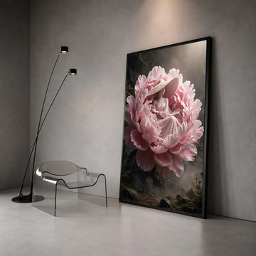 Elegant Woman Pink Dress with Large Hat, Floral Peony Canvas, Surreal Garden Wall Art, Dreamy Fantasy Artwork, Romantic Canvas Print Art