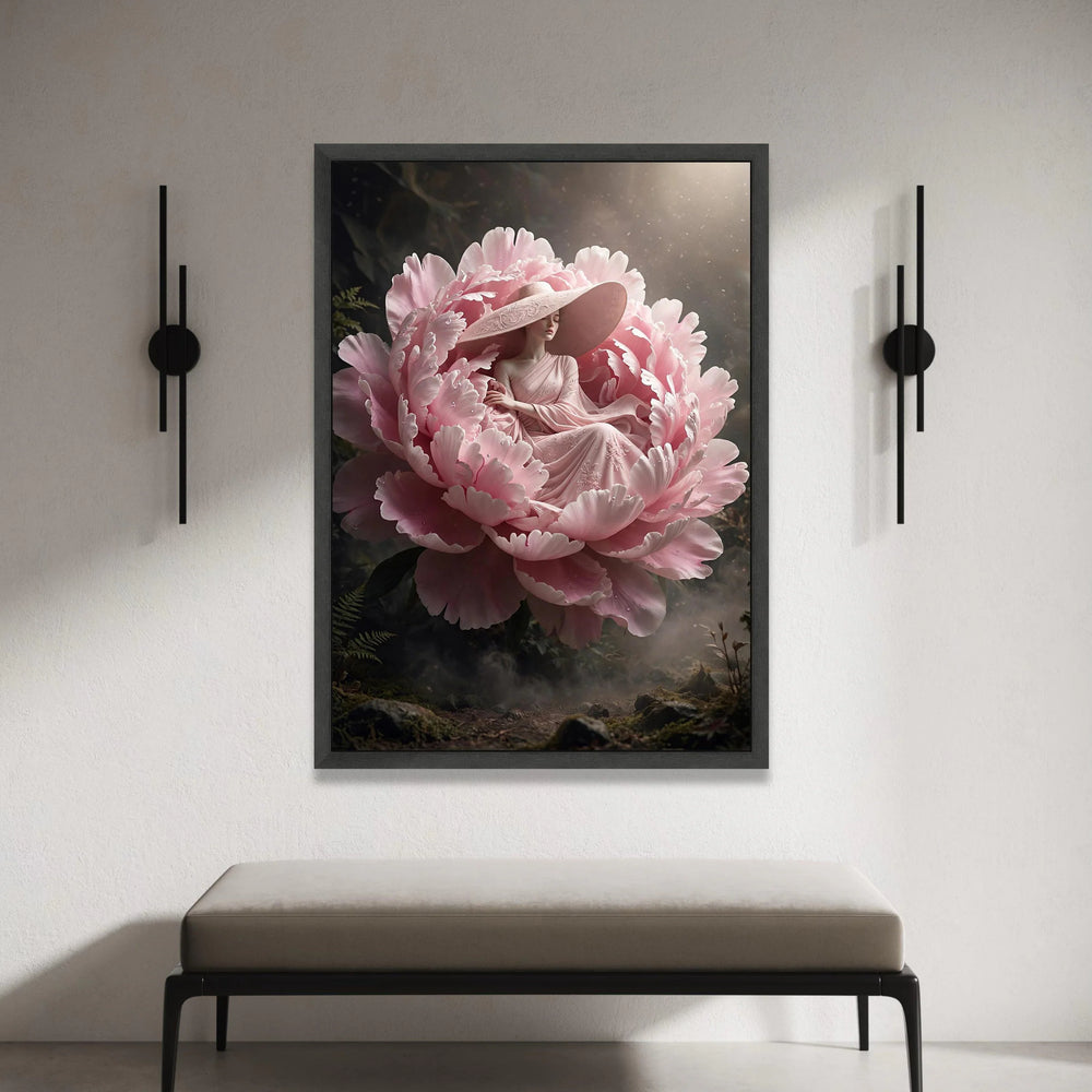 Elegant Woman Pink Dress with Large Hat, Floral Peony Canvas, Surreal Garden Wall Art, Dreamy Fantasy Artwork, Romantic Canvas Print Art