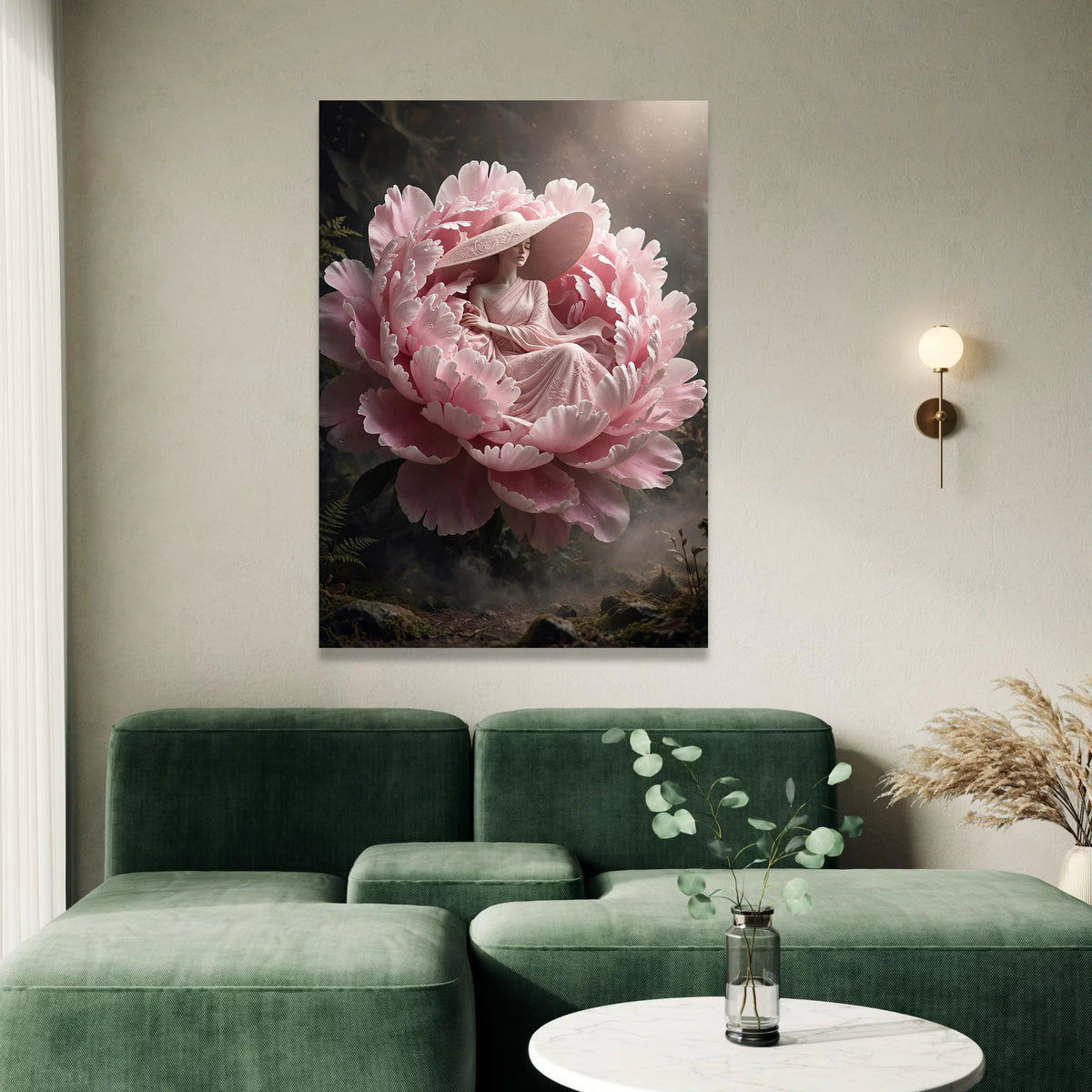 Elegant Woman Pink Dress with Large Hat, Floral Peony Canvas, Surreal Garden Wall Art, Dreamy Fantasy Artwork, Romantic Canvas Print Art