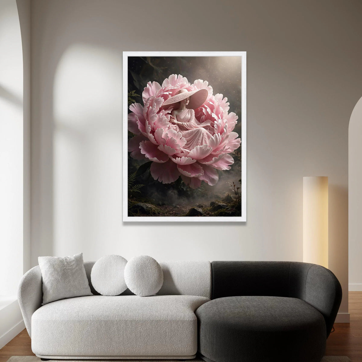 Elegant Woman Pink Dress with Large Hat, Floral Peony Canvas, Surreal Garden Wall Art, Dreamy Fantasy Artwork, Romantic Canvas Print Art