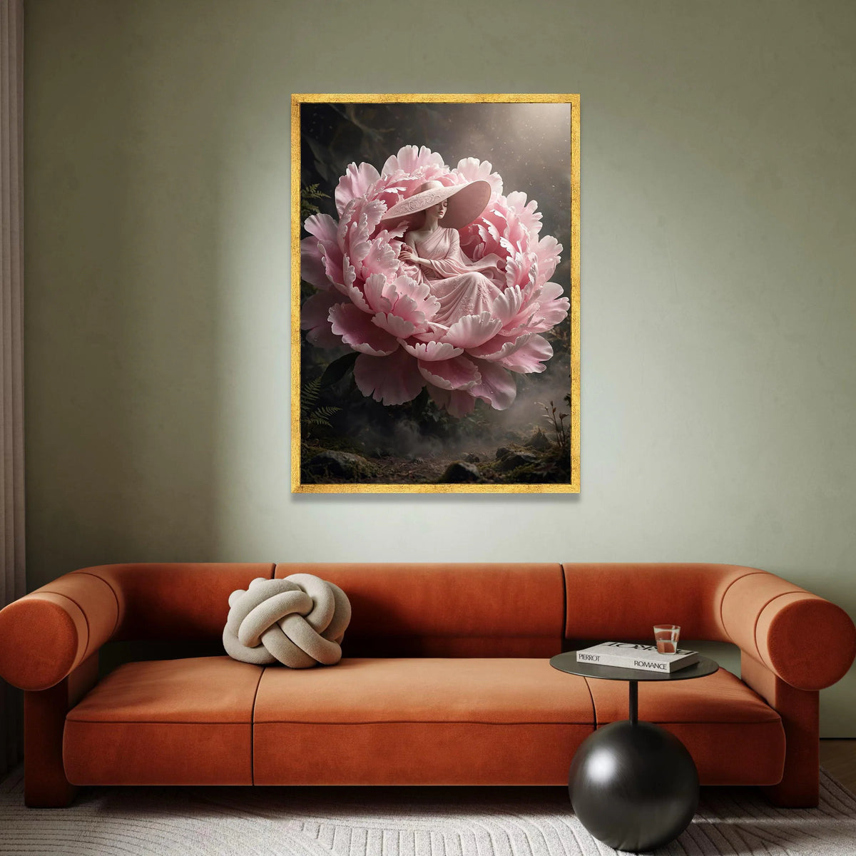 Elegant Woman Pink Dress with Large Hat, Floral Peony Canvas, Surreal Garden Wall Art, Dreamy Fantasy Artwork, Romantic Canvas Print Art