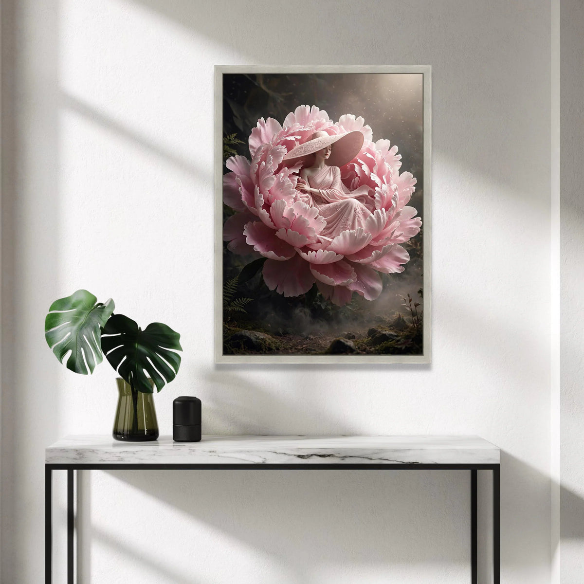 Elegant Woman Pink Dress with Large Hat, Floral Peony Canvas, Surreal Garden Wall Art, Dreamy Fantasy Artwork, Romantic Canvas Print Art