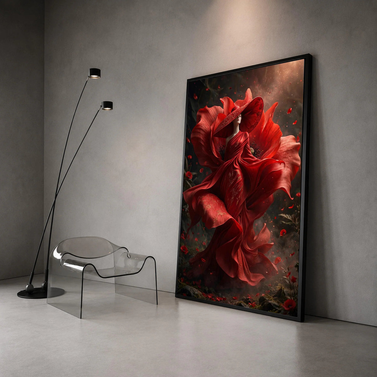 Elegant Woman Red Floral Dress Canvas, Poppy Flower Art, Fantasy Fashion Wall Art, Dramatic Portrait Canvas, Unique Home Canvas Print Art